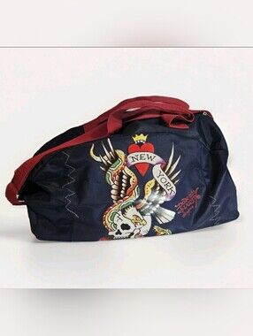 Ed Hardy Y2K New York City Heart Skull Gym Travel Duffle Bag Blue Tattoo Core